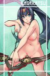  &gt;:( aiming arrow blue_eyes blue_hair bow_(weapon) breasts cleft_of_venus drawing_bow frown hairband holding holding_arrow holding_bow_(weapon) holding_weapon hyakka_ryouran_samurai_girls large_breasts long_hair looking_at_viewer navel nipples nude outstretched_arm ponytail pussy solo uesugi_kagekatsu uncensored v-shaped_eyebrows weapon x-teal2 