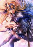  aqua_eyes armor armored_dress blonde_hair capelet fate/apocrypha fate/stay_night fate_(series) headpiece jeanne_d'arc_(fate) jeanne_d'arc_(fate)_(all) long_hair smile solo sword thighhighs wa-kun weapon 
