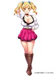  belt blonde_hair boots breasts brown_eyes brown_footwear choker cleavage doubutsu_no_hoshi full_body hair_ribbon hand_on_hip index_finger_raised knee_boots large_breasts looking_at_viewer megumi_(doubutsu_no_hoshi) official_art petticoat ribbon skirt smile solo twintails yokkora 