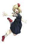  :d ascot blonde_hair hair_ribbon jumping looking_at_viewer open_mouth outstretched_arms red_eyes red_footwear ribbon rumia shirt shoes short_sleeves skirt skirt_set smile socks solo touhou vest yabu_q 