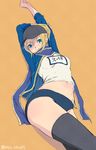  arms_up artoria_pendragon_(all) baseball_cap black_legwear blonde_hair blue_scarf blush breasts buruma covered_mouth fate/grand_order fate/stay_night fate_(series) green_eyes gym_uniform hat jacket looking_at_viewer medium_breasts midriff mysterious_heroine_x navel ponytail rojiura_satsuki:_chapter_heroine_sanctuary scarf simple_background solo thighs track_jacket utu_(ldnsft) 