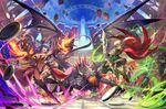  1boy 1girl battle blonde_hair blue_hair bow_(weapon) claws dragon fire lack leotard othellonia purple_eyes thighhighs weapon 