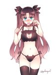  bell bell_choker black_bra black_legwear black_panties blue_eyes blush bra breasts brown_hair byulrorqual cat_cutout cat_ear_panties cat_lingerie choker cleavage cleavage_cutout embarrassed fate/stay_night fate_(series) frilled_bra frills groin jingle_bell long_hair medium_breasts meme_attire navel open_mouth panties paw_pose shiny shiny_clothes shiny_hair side-tie_panties solo thighhighs toosaka_rin twitter_username two_side_up underwear underwear_only 