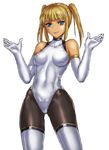  ass_visible_through_thighs bangs bare_shoulders black_legwear blonde_hair blue_eyes blunt_bangs breasts cameltoe closed_mouth collarbone covered_navel cowboy_shot elbow_gloves gloves halterneck hands_up highleg highleg_leotard highres kai_(5963) legs_apart leotard light_smile looking_at_viewer original pantyhose short_hair short_twintails sidelocks simple_background skin_tight small_breasts smile solo standing thighhighs turtleneck twintails white_background white_gloves white_legwear 