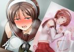  blush book_stand breasts brown_eyes brown_hair drooling implied_masturbation kamelie kantai_collection large_breasts manga_(object) natori_(kantai_collection) sweat 