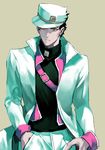  absurdres bad_id bad_twitter_id belt black_hair coat frown green_eyes hand_in_pocket hand_on_hip hat highres jojo_no_kimyou_na_bouken kuujou_joutarou male_focus solo turtleneck upper_body yelsh 