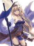  ahoge banner blonde_hair blush boots breasts cleavage detached_sleeves flower gauntlets granblue_fantasy hair_between_eyes hair_flower hair_ornament hairband holding holding_sword holding_weapon jeanne_d'arc_(granblue_fantasy) long_hair medium_breasts riffey solo sword thigh_boots thighhighs very_long_hair weapon 
