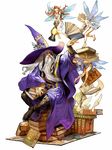  beard book boots carrying dropping facial_hair fairy fairy_wings fantasy_earth_zero floating_hair glasses grin hat hirooka_masaki king_nias lantern long_hair multiple_girls pen pointy_ears robe simple_background sitting smile white_background white_hair wings wizard wizard_hat 