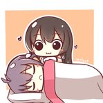  :3 agano_(kantai_collection) bed_sheet blush_stickers commentary_request covering_with_blanket hand_on_another's_head heart kantai_collection long_hair lying multiple_girls on_side pillow rexlent sakawa_(kantai_collection) short_hair sleeping 