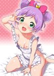  absurdres ahoge apron barefoot blush bow breasts covered_navel double_bun frills green_eyes hair_bow highres looking_at_viewer manaka_lala naked_apron nipples open_mouth pretty_(series) pripara purple_hair short_hair sitting small_breasts smile solo v_over_eye yokkora 