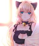  2016 alternate_costume animal_ears artist_name backlighting bangs bell bell_choker blonde_hair blue_eyes breasts cat_cutout cat_ears cat_lingerie choker cleavage_cutout closed_mouth curtain_grab curtains dated earrings extra_ears frills hashimo_kikuri jewelry jingle_bell large_breasts lens_flare long_hair looking_at_viewer macross macross_frontier meme_attire sheryl_nome signature solo upper_body window 