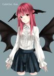  alternate_costume bat_wings blouse blue_background cropped_legs culottes demon_girl demon_wings head_wings highres koakuma long_hair long_sleeves looking_at_viewer low_wings meme_attire nagata_nagato red_eyes shirt shorts simple_background skirt solo touhou unmoving_pattern virgin_killer_outfit white_blouse wings 