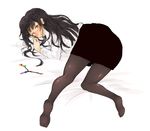  alternate_costume ass ass_focus bed_sheet black_hair black_legwear black_skirt blush branch highres honi houraisan_kaguya jeweled_branch_of_hourai long_sleeves looking_at_viewer looking_back messy_hair no_shoes office_lady pantyhose shiny shiny_clothes shirt sketch skirt solo tareme touhou white_shirt 