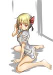  ass barefoot blonde_hair bottomless breasts cleavage food hair_ribbon looking_at_viewer medium_breasts mouth_hold naked_shirt popsicle red_eyes ribbon rumia shirt sitting solo touhou wariza yabu_q 