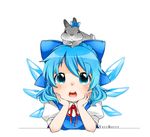  :o animal animal_on_head berry_jou blue_bow blue_dress blue_eyes blush bow bunny cirno collared_shirt colored_eyelashes dress eyebrows eyebrows_visible_through_hair fairy fairy_wings grey_eyes grey_fur hair_bow hands_on_own_cheeks hands_on_own_face ice ice_wings looking_at_viewer nose_blush on_head open_mouth puffy_short_sleeves puffy_sleeves red_ribbon ribbon shirt short_sleeves simple_background solo tareme touhou upper_body white_background white_shirt wings 