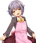  :d apron blush brown_eyes hair_ornament hairclip idolmaster idolmaster_cinderella_girls koshimizu_sachiko looking_at_viewer marimo_danshaku open_mouth purple_hair short_hair smile solo 