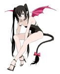  9aki bangs black_eyes black_hair bow crossed_bangs demon_girl demon_wings feet full_body high_heels leaning_forward leotard long_hair lowres nail_polish open_toe_shoes original pointy_ears sandals shoes sitting solo strappy_heels tail tail_bow toes twintails wings 