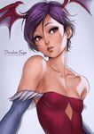  artist_name bare_shoulders bat_wings blue_gloves breasts collarbone dandon_fuga elbow_gloves feather_trim feathers gloves grey_background hair_between_eyes head_wings leotard lilith_aensland lips looking_up parted_lips purple_hair red_eyes red_leotard short_hair simple_background skin_tight small_breasts smile solo vampire_(game) watermark web_address wings 