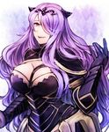  argyle argyle_background black_armor black_gloves breasts camilla_(fire_emblem_if) cleavage fire_emblem fire_emblem_if gloves hair_over_one_eye holding holding_hair horns large_breasts lips long_hair open_mouth pink_eyes purple_hair smile solo sumimoto_ryuu upper_body vambraces very_long_hair 