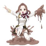  \n/ artist_request bow brown_eyes brown_hair character_request highres long_sleeves looking_at_viewer messy mud official_art outstretched_arms pleated_skirt simple_background skirt solo thighhighs twintails white_background white_legwear youkai_hyakki-tan! 