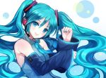  1girl aqua_eyes aqua_hair bare_shoulders closed_mouth commentary_request detached_sleeves floating_hair hair_between_eyes hatsune_miku headphones headset jurge long_hair looking_at_viewer nail_polish necktie sleeveless smile solo twintails very_long_hair vocaloid 