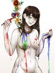  bad_id bad_pixiv_id bangs breasts brown_hair closed_eyes daisy dripping eyelashes flower groin lily_(flower) lips medium_breasts nail_polish navel nipples noose nude original out-of-frame_censoring paint paintbrush pubic_hair red_nails smile solo sumimoto_ryuu tears upper_body white_background white_skin 