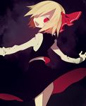  bad_id bad_twitter_id blonde_hair from_behind hair_over_one_eye hair_ribbon higa423 long_sleeves looking_at_viewer looking_back open_mouth purple_background red_eyes ribbon rumia sharp_teeth shirt short_hair skirt skirt_set smile solo teeth touhou upskirt vest 