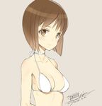  beige_background bikini bikini_top bob_cut breasts brown_eyes brown_hair character_name cleavage dated hagiwara_yukiho idolmaster idolmaster_(classic) looking_at_viewer medium_breasts ooyari_ashito short_hair signature simple_background solo swimsuit upper_body white_bikini 