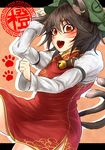  animal_ears bell bell_collar black_hair brown_eyes cat_ears cat_tail chen collar commentary_request dress fangs hat jewelry juliet_sleeves long_sleeves mob_cap multiple_tails nekomata open_mouth paw_pose puffy_sleeves red_dress ryuuichi_(f_dragon) shirt side_slit single_earring solo tail thighs touhou two_tails 
