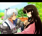  1girl armor bridge brown_hair day demon_boy eyeshadow facial_mark hair_grab high_ponytail hime_cut inu_no_taishou inuyasha izayoi_(inuyasha) letterboxed light_smile long_hair looking_at_another makeup outdoors pointy_ears ponytail profile tennen_shiori tree 