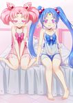  barefoot bed bishoujo_senshi_sailor_moon blue_eyes blue_panties chibi_usa choker covering covering_crotch crossover double_bun facial_mark forehead_mark glowing glowing_eyes hair_bobbles hair_bun hair_ornament highres lingerie long_hair masaki_sasami_jurai multiple_girls navel negligee panties pink_eyes pink_hair pink_panties see-through sitting smile tenchi_muyou! twintails underwear vahn_yourdoom very_long_hair 