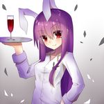 animal_ears bad_id bad_pixiv_id blush bunny_ears cup drinking_glass extra_ears gradient gradient_background long_hair long_sleeves looking_at_viewer mei_mu purple_hair red_eyes reisen_udongein_inaba shirt smile solo touhou tray upper_body wine_glass 