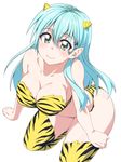  alternate_costume animal_print bangs bare_shoulders blue_hair blush boots breasts cleavage closed_mouth cosplay eyebrows eyebrows_visible_through_hair from_above green_eyes hair_between_eyes hair_ornament hairclip horns kantai_collection large_breasts leaning_forward long_hair looking_at_viewer lum lum_(cosplay) mikagami_sou navel oni pointy_ears setsubun simple_background smile solo suzuya_(kantai_collection) tiger_print tiger_stripes urusei_yatsura white_background 