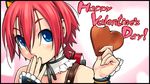  bikininja blue_eyes chocolate chocolate_heart choker covering_mouth frilled_choker frills hand_over_own_mouth heart holding looking_at_viewer red_hair short_hair solo valentine wang-pac 