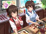  adapted_object akagi_(kantai_collection) amagami_(makise_tsubaki) apron bad_id bad_pixiv_id brown_eyes brown_hair chocolate chocolate_making closed_eyes cup doughnut drinking_glass eating enemy_aircraft_(kantai_collection) food highres japanese_clothes kaga_(kantai_collection) kantai_collection kitchen long_hair looking_at_another mixing_bowl multiple_girls nanodesu_(phrase) rensouhou-chan rensouhou-kun side_ponytail smile valentine 