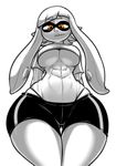  abs alternate_breast_size breasts domino_mask eigaka greyscale inkling large_breasts looking_at_viewer mask monochrome orange_eyes simple_background solo splatoon_(series) splatoon_1 spot_color tentacle_hair underboob white_background wide_hips 