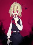  bad_id bad_twitter_id blonde_hair darkness fangs finger_licking hair_ribbon higa423 highres licking long_sleeves looking_at_viewer nail_polish open_mouth red_background red_eyes ribbon rumia short_hair skirt skirt_set smile solo tongue tongue_out touhou vest 
