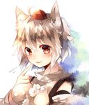  albino animal_ears bad_id bad_twitter_id blush detached_sleeves flying_sweatdrops hat inubashiri_momiji long_sleeves looking_at_viewer red_eyes short_hair smile solo sweetroad tokin_hat tongue tongue_out touhou turtleneck upper_body white_hair wolf_ears 