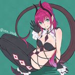  adapted_costume blue_eyes breasts cleavage earrings elizabeth_bathory_(fate) elizabeth_bathory_(fate)_(all) fate/extra fate/extra_ccc fate_(series) gloves horns jewelry long_hair medium_breasts older pants pink_hair pointy_ears sitting smile solo tail utu_(ldnsft) 