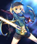  ahoge artoria_pendragon_(all) baseball_cap blonde_hair blue_scarf dual_wielding excalibur fate/stay_night fate_(series) green_eyes hat holding jacket looking_at_viewer mysterious_heroine_x ponytail rojiura_satsuki:_chapter_heroine_sanctuary scarf shorts solo sword track_jacket tsuedzu weapon 