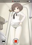  adjusting_clothes adjusting_legwear akiyama_yukari ass_visible_through_thighs bathroom blush brown_eyes brown_hair camouflage camouflage_panties clothes_removed commentary_request dress_shirt dressing embarrassed girls_und_panzer highres long_sleeves messy_hair minipat_(sketch_wall) necktie no_pants panties panties_under_pantyhose pants pants_removed pantyhose parted_lips phone_screen school_uniform shirt solo standing sweatdrop thigh_gap thighband_pantyhose underwear white_legwear white_shirt 