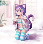 adapted_costume animal_band_legwear animal_ears animal_hood bell blush cat_band_legwear cat_cutout cat_hood cat_lingerie cat_tail cleavage_cutout flat_chest highres hood hooded_track_jacket jacket jingle_bell looking_at_viewer meme_attire navel neptune_(choujigen_game_neptune) neptune_(series) open_clothes open_jacket open_mouth panties paw_pose purple_eyes purple_hair segamark short_hair smile solo striped striped_legwear striped_panties tail thighhighs track_jacket underwear 