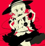  bad_id bad_twitter_id dutch_angle eyeball hat hat_ribbon higa423 knife komeiji_koishi long_hair long_sleeves looking_at_viewer monochrome phone red_background ribbon shirt simple_background skirt smile solo spot_color string third_eye touhou upskirt wide_sleeves 