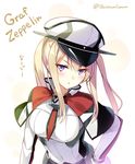  :o bangs blonde_hair blue_eyes blush breasts capelet character_name from_above graf_zeppelin_(kantai_collection) hair_between_eyes hand_on_hip hat huyukaaki image_sample kantai_collection large_breasts leaning_forward long_hair looking_at_viewer military military_hat military_uniform necktie peaked_cap pixiv_sample sidelocks simple_background solo tsurime twintails twitter_username uniform upper_body white_background 