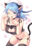  animal_ears bell blue_eyes blue_hair breasts cat_ears cat_lingerie cleavage_cutout fang hat izumi_akane jingle_bell kantai_collection large_breasts long_hair meme_attire navel one_eye_closed panties side-tie_panties smile solo tail thighhighs underwear urakaze_(kantai_collection) white_hat 