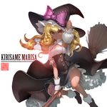  armpits blonde_hair bow braid breasts broom broom_riding buttons cleavage dress grin hat hat_bow highres juliet_sleeves kirisame_marisa legs lipstick loafers long_sleeves makeup medium_breasts puffy_sleeves shoes side_braid smile solo touhou witch_hat yellow_eyes zhaoyebai 