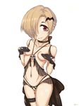  black_gloves blonde_hair breasts clitoris_piercing covering_nipples crotchless_panties gloves hair_ornament hair_over_one_eye idolmaster idolmaster_cinderella_girls jonathan_h looking_at_viewer navel navel_piercing panties parted_lips piercing pussy red_eyes revealing_clothes shirasaka_koume short_hair simple_background small_breasts smile solo underwear white_background 
