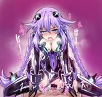  1girl bangs blue_eyes blush bouncing_breasts braid breasts censored cowgirl_position girl_on_top gloves glowing glowing_eyes hair_ornament hetero large_breasts leotard long_hair neptune_(series) open_mouth penis purple_hair purple_heart ribimura saliva sex solo_focus straddling symbol-shaped_pupils twin_braids vaginal very_long_hair 