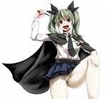  anchovy belt brown_eyes cape crotch_seam girls_und_panzer grey_hair hair_ribbon highres long_hair long_sleeves looking_at_viewer necktie open_mouth pantyhose pleated_skirt ribbon riding_crop school_uniform shirt skirt smile solo twintails upskirt white_legwear yaruku 