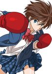  9aki blue_eyes boxing_gloves brown_hair jacket long_sleeves looking_at_viewer open_clothes open_jacket original plaid plaid_skirt pleated_skirt short_hair simple_background skirt solo white_background 